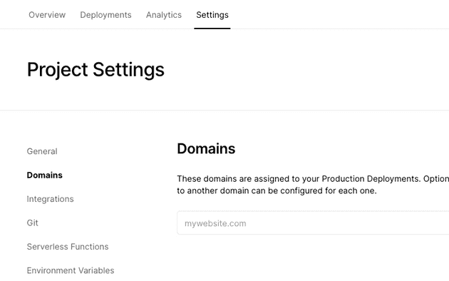 Vercel のドメイン設定画面